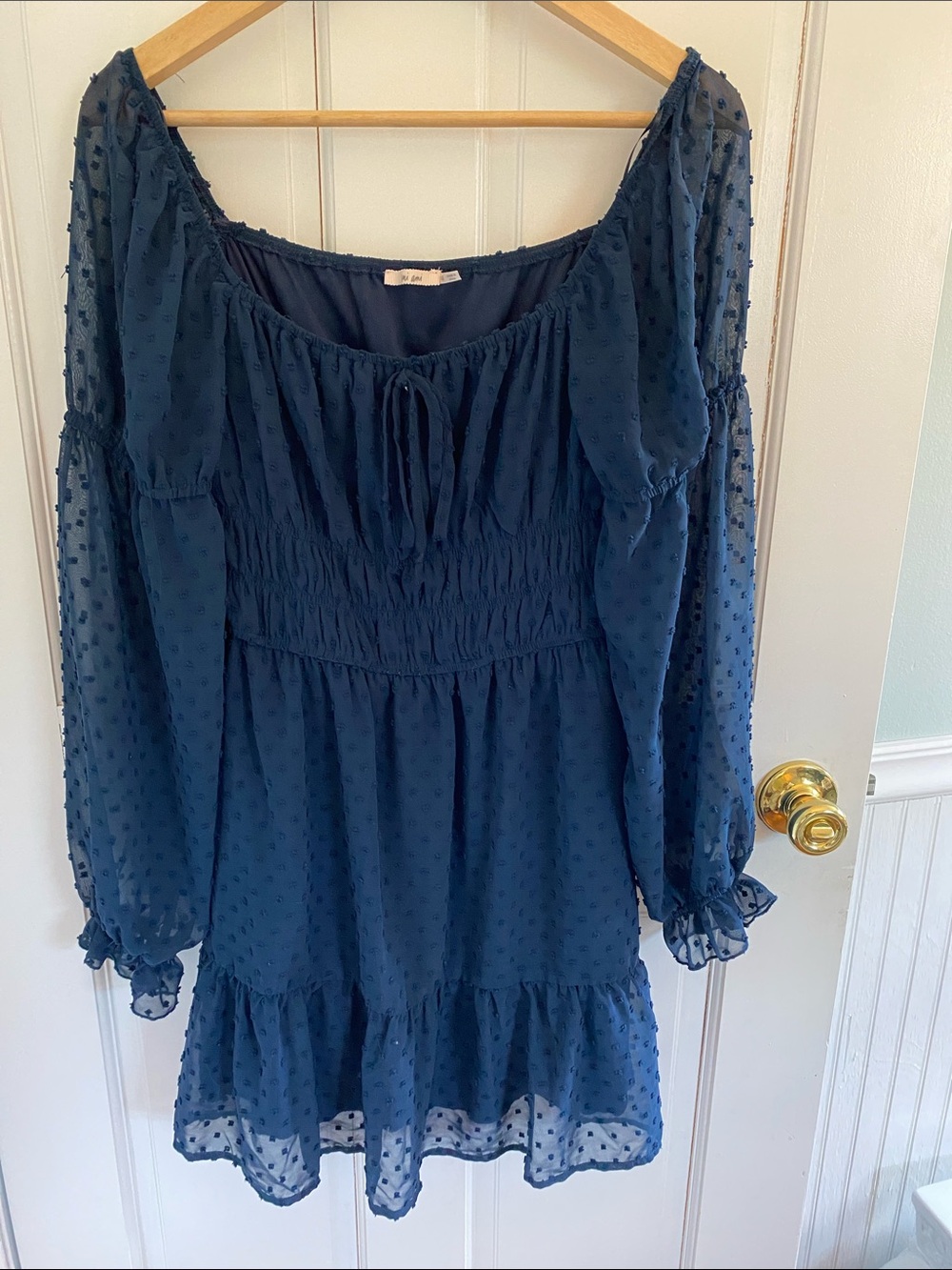 Navy Swiss Dot Long-Sleeve Smocked Dress